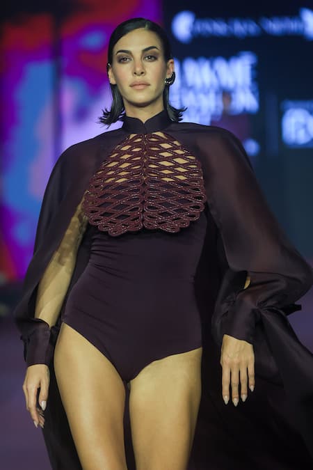 Pankaj & Nidhi_Purple Deep Bordeaux Flowing Cape _Online_at_Aza_Fashions