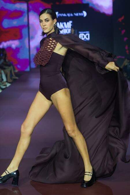 Shop_Pankaj & Nidhi_Purple Deep Bordeaux Flowing Cape _Online_at_Aza_Fashions