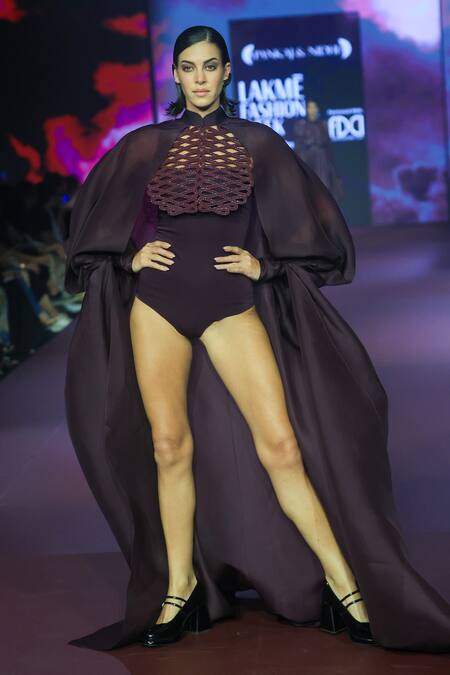 Buy_Pankaj & Nidhi_Purple Tulle, Silk Organza, Crepe Cut Work Deep Bordeaux Cape Set With Bodysuit _Online_at_Aza_Fashions