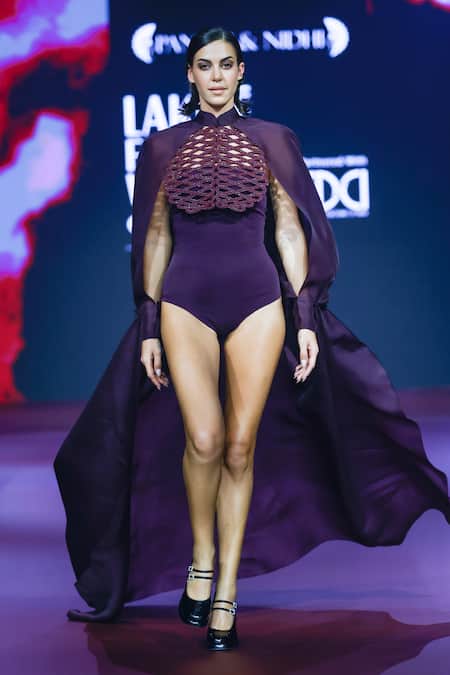 Shop Pankaj & Nidhi Purple Crepe Off-shoulder Deep Bordeaux Off Bodysuit at Aza Fashions Shop_Pankaj & Nidhi_Purple Crepe Off-shoulder Deep Bordeaux Off Bodysuit _at_Aza_Fashions