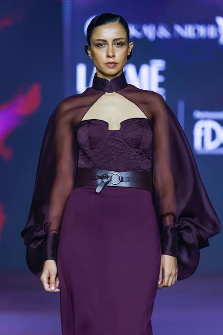 Pankaj & Nidhi_Purple Silk Organza Bandeau Neck Ganache Cowl Sleeve Top _Online_at_Aza_Fashions