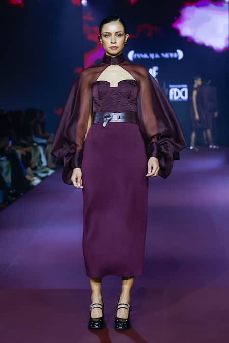 Pankaj & Nidhi Cowl Sleeve Purple Top & Skirt Set 