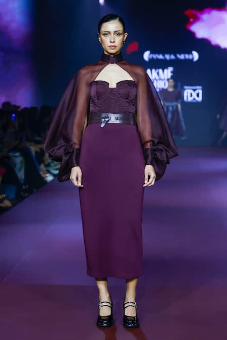 Shop_Pankaj & Nidhi_Purple Silk Organza, Viscose, Faux Leather Bandeau Cowl Sleeve Top And Skirt Set _Online_at_Aza_Fashions