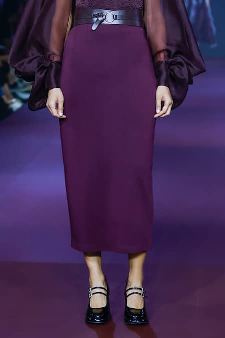 Pankaj & Nidhi_Purple Silk Organza, Viscose, Faux Leather Bandeau Cowl Sleeve Top And Skirt Set _at_Aza_Fashions