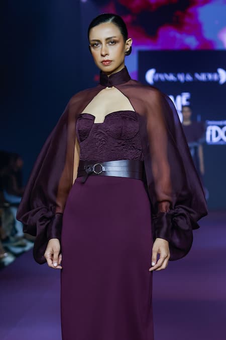 Buy_Pankaj & Nidhi_Purple Silk Organza, Viscose, Faux Leather Bandeau Cowl Sleeve Top And Skirt Set 