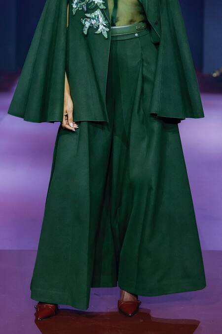 Buy Pankaj & Nidhi Green Wool Cypress High Waist Flared Trouser Online at Aza Fashions Buy_Pankaj & Nidhi_Green Wool Cypress High Waist Flared Trouser _Online_at_Aza_Fashions