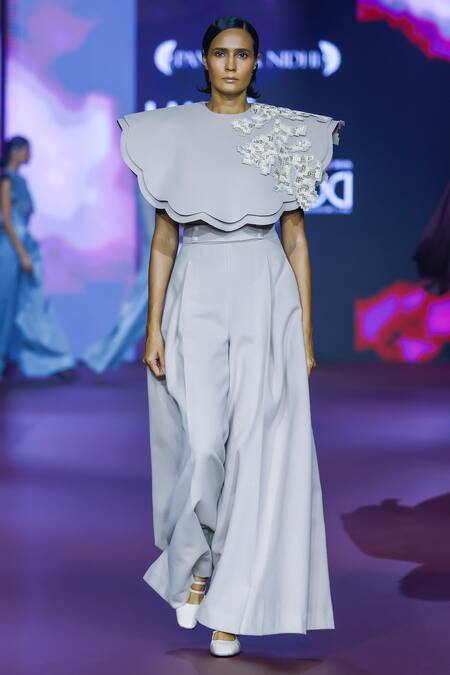 Buy Pankaj & Nidhi Pink Wool Fawn High Waist Flared Trouser Online at Aza Fashions Buy_Pankaj & Nidhi_Pink Wool Fawn High Waist Flared Trouser _Online_at_Aza_Fashions