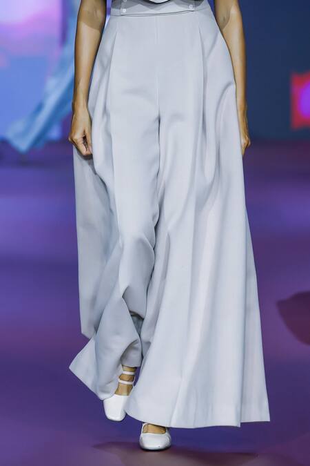 Pankaj & Nidhi Pink Wool Fawn High Waist Flared Trouser at Aza Fashions Pankaj & Nidhi_Pink Wool Fawn High Waist Flared Trouser _at_Aza_Fashions