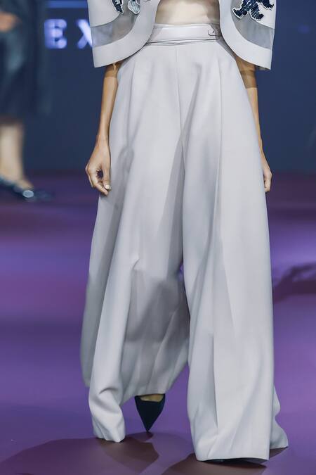 Shop Pankaj & Nidhi Pink Wool Fawn High Waist Flared Trouser Online at Aza Fashions Shop_Pankaj & Nidhi_Pink Wool Fawn High Waist Flared Trouser _Online_at_Aza_Fashions