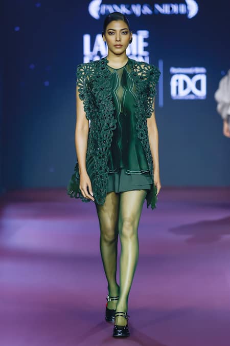 Pankaj & Nidhi Green Silk Organza Applique Keyhole Neck Scalloped Top 