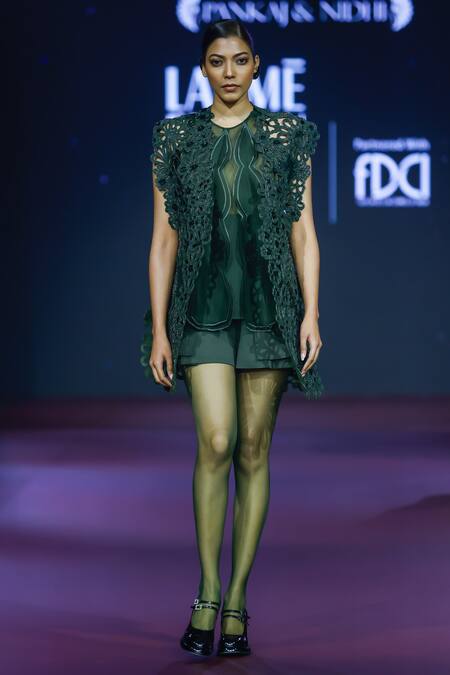 Pankaj & Nidhi Green Silk Organza Applique Keyhole Neck Scalloped Top Online at Aza Fashions Pankaj & Nidhi_Green Silk Organza Applique Keyhole Neck Scalloped Top _Online_at_Aza_Fashions