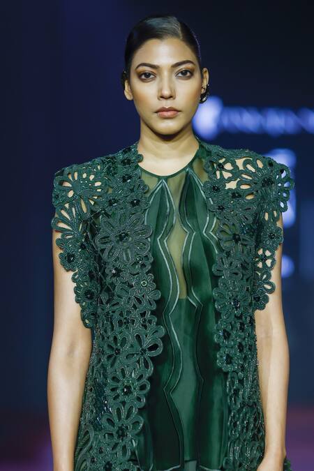 Pankaj & Nidhi Green Silk Organza Applique Keyhole Neck Scalloped Top at Aza Fashions Pankaj & Nidhi_Green Silk Organza Applique Keyhole Neck Scalloped Top _at_Aza_Fashions