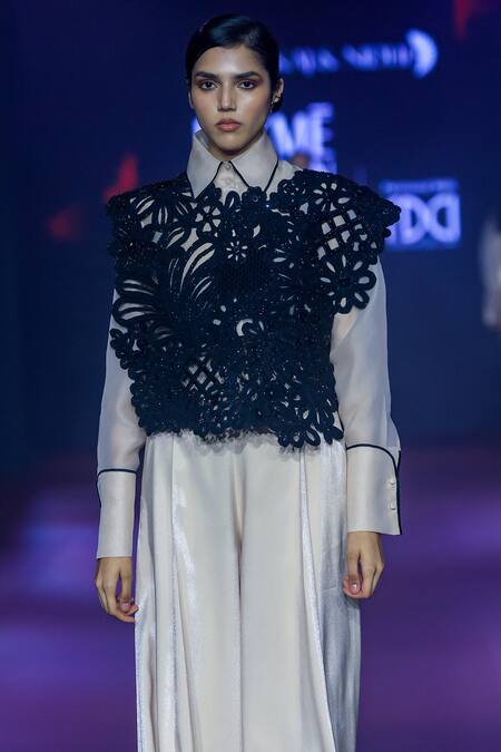 Buy_Pankaj & Nidhi_Ivory Silk Organza Embroidery Collared Semi Sheer Shirt _Online_at_Aza_Fashions