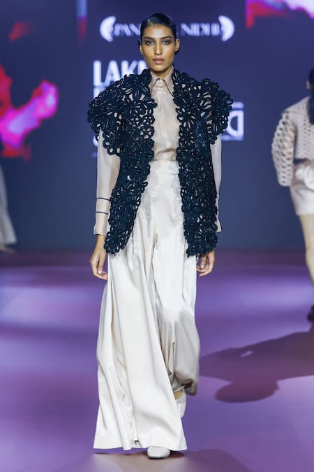 Pankaj & Nidhi Black Tulle Sequins, Beads Open Neck Floral Cutwork Structured Jacket