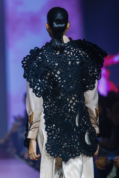 Shop Pankaj & Nidhi Black Tulle Sequins, Beads Open Neck Floral Cutwork Structured Jacket at Aza Fashions Shop_Pankaj & Nidhi_Black Tulle Sequins, Beads Open Neck Floral Cutwork Structured Jacket _at_Aza_Fashions