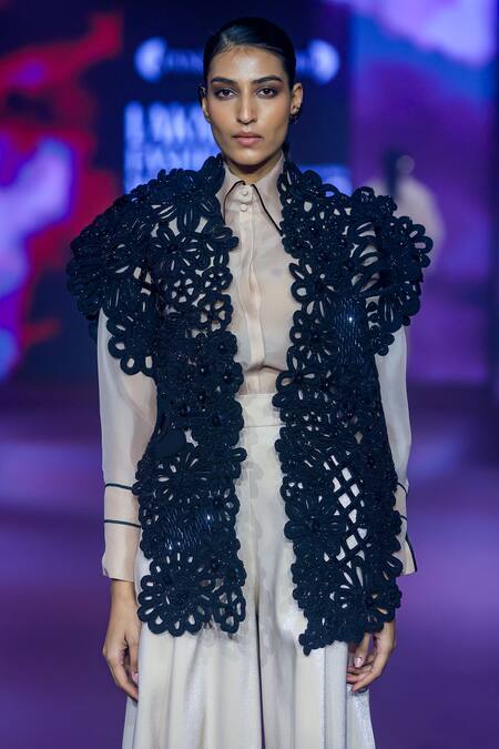 Pankaj & Nidhi_Black Tulle Sequins, Beads Open Neck Floral Cutwork Structured Jacket _Online_at_Aza_Fashions