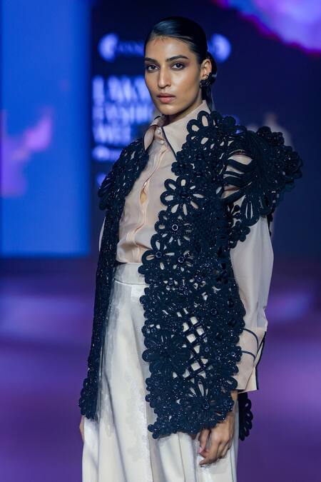 Buy_Pankaj & Nidhi_Black Tulle Sequins, Beads Open Neck Floral Cutwork Structured Jacket _Online_at_Aza_Fashions