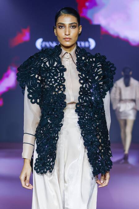 Shop Pankaj & Nidhi Black Tulle Sequins, Beads Open Neck Floral Cutwork Structured Jacket Online at Aza Fashions Shop_Pankaj & Nidhi_Black Tulle Sequins, Beads Open Neck Floral Cutwork Structured Jacket _Online_at_Aza_Fashions