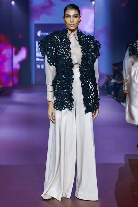 Buy Pankaj & Nidhi Black Tulle Sequins, Beads Open Neck Floral Cutwork Structured Jacket Buy_Pankaj & Nidhi_Black Tulle Sequins, Beads Open Neck Floral Cutwork Structured Jacket