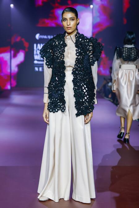 Shop Pankaj & Nidhi Black Tulle Sequins, Beads Open Neck Floral Cutwork Structured Jacket Shop_Pankaj & Nidhi_Black Tulle Sequins, Beads Open Neck Floral Cutwork Structured Jacket