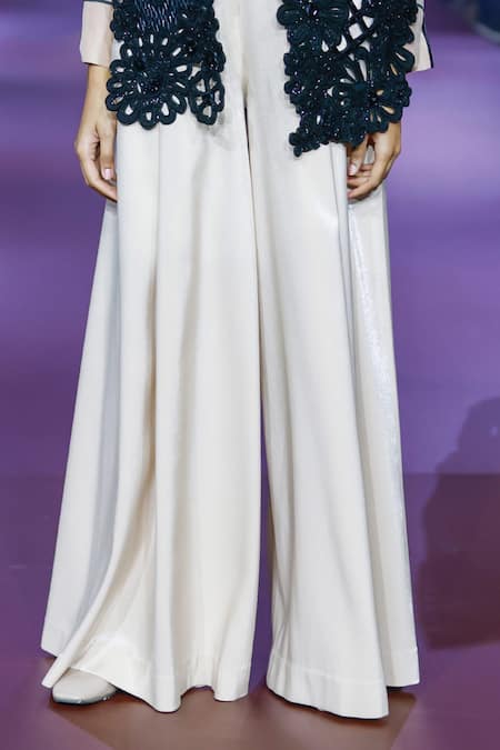 Shop_Pankaj & Nidhi_Black Tulle, Silk Organza, Twill Sequins, Floral Cutwork Jacket And Trouser Set _Online_at_Aza_Fashions