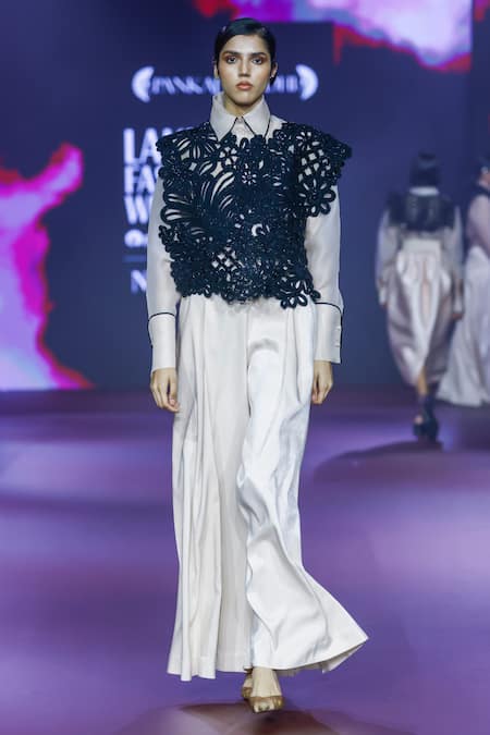 Pankaj & Nidhi Black Tulle Embroidery, Sequins, Beads Round Neck Floral Cutwork Top 