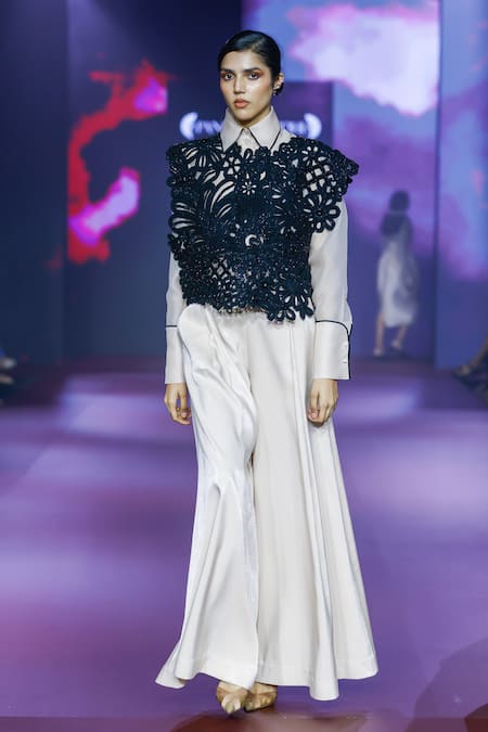 Shop Pankaj & Nidhi Black Tulle Embroidery, Sequins, Beads Round Neck Floral Cutwork Top at Aza Fashions Shop_Pankaj & Nidhi_Black Tulle Embroidery, Sequins, Beads Round Neck Floral Cutwork Top _at_Aza_Fashions