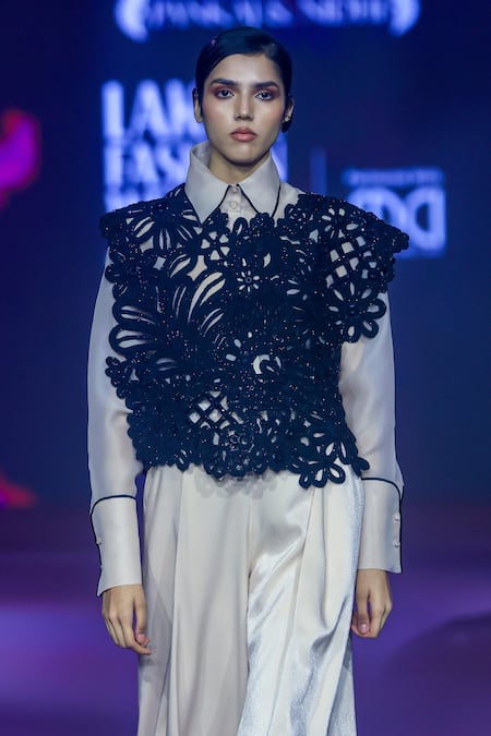 Pankaj & Nidhi_Black Tulle Embroidery, Sequins, Beads Round Neck Floral Cutwork Top _Online_at_Aza_Fashions