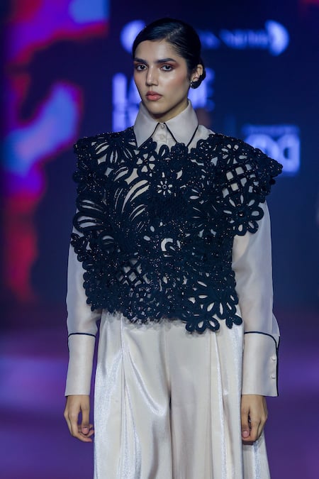 Shop_Pankaj & Nidhi_Black Tulle Embroidery, Sequins, Beads Round Neck Floral Cutwork Top _Online_at_Aza_Fashions