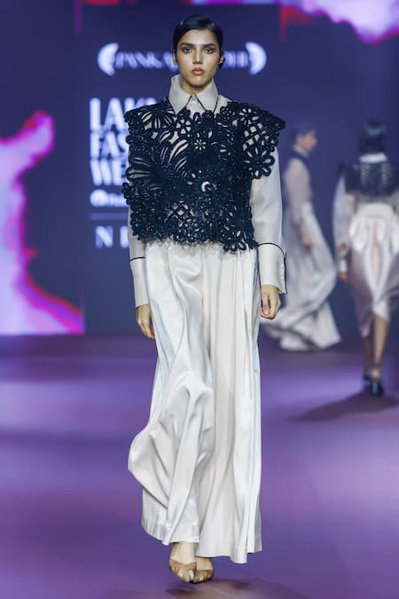 Pankaj & Nidhi Black Tulle Embroidery, Sequins, Beads Round Neck Floral Cutwork Top at Aza Fashions Pankaj & Nidhi_Black Tulle Embroidery, Sequins, Beads Round Neck Floral Cutwork Top _at_Aza_Fashions