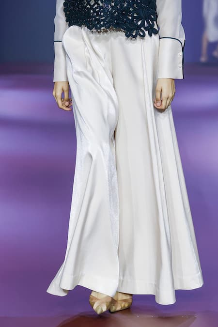 Pankaj & Nidhi_Black Silk Organza Sequins Round Neck, Collared Floral Cutwork Top And Trouser Set _at_Aza_Fashions