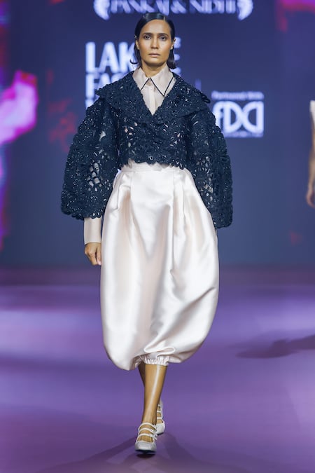 Pankaj & Nidhi Floral Cutwork Kimono Bomber Skirt Set 