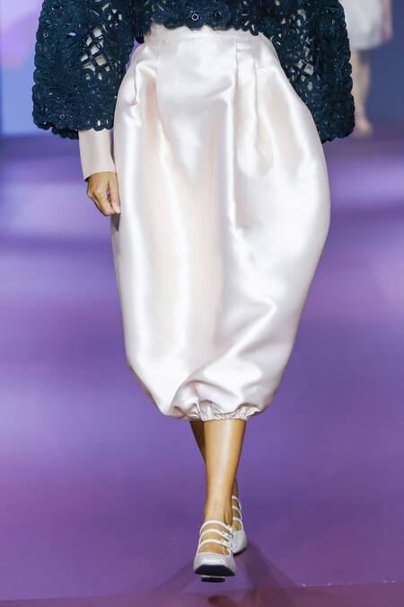 Pankaj & Nidhi_Cream Organza, Tulle, Satin Floral Cutwork Kimono Bomber Skirt Set _Online_at_Aza_Fashions