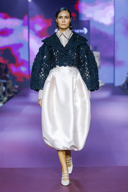 Buy_Pankaj & Nidhi_Cream Organza, Tulle, Satin Floral Cutwork Kimono Bomber Skirt Set _Online_at_Aza_Fashions