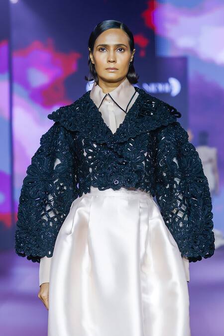 Shop_Pankaj & Nidhi_Cream Organza, Tulle, Satin Floral Cutwork Kimono Bomber Skirt Set _Online_at_Aza_Fashions