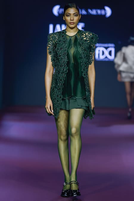 Pankaj & Nidhi Floral Cutwork Jacket & Skorts Set 