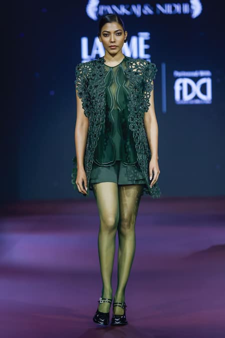 Shop_Pankaj & Nidhi_Green Silk Organza, Tulle, Crepe Beads, Floral Cutwork Jacket And Skorts Set _Online_at_Aza_Fashions