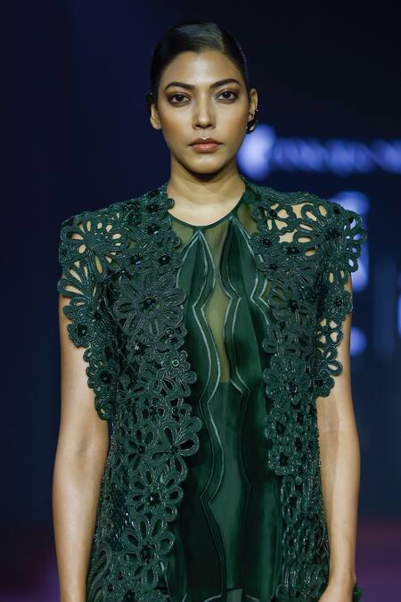 Pankaj & Nidhi_Green Silk Organza, Tulle, Crepe Beads, Floral Cutwork Jacket And Skorts Set _at_Aza_Fashions