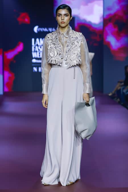 Shop_Pankaj & Nidhi_Pink Viscose Sequins, Beads High Dusky Rose Cropped Jacket With Embellishments _Online_at_Aza_Fashions