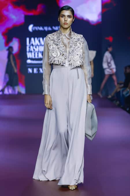 Pankaj & Nidhi Pink Viscose, Satin, Silk Organza Dusky Rose Embellished Jacket Jumpsuit Set Online at Aza Fashions Pankaj & Nidhi_Pink Viscose, Satin, Silk Organza Dusky Rose Embellished Jacket Jumpsuit Set _Online_at_Aza_Fashions