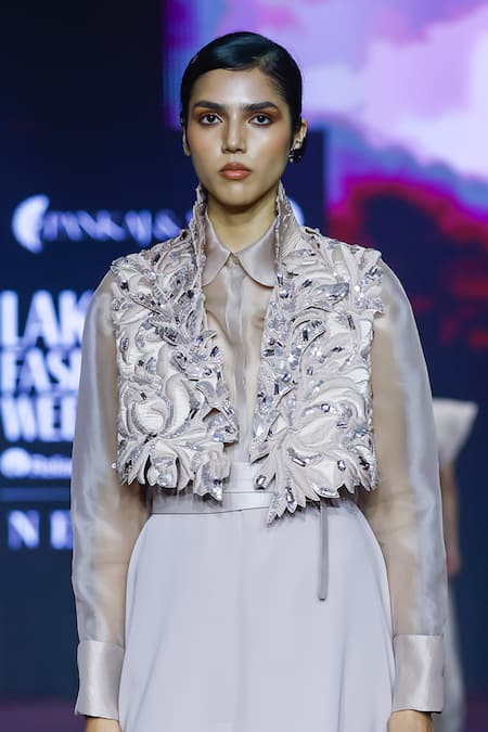 Buy Pankaj & Nidhi Pink Viscose, Satin, Silk Organza Dusky Rose Embellished Jacket Jumpsuit Set Buy_Pankaj & Nidhi_Pink Viscose, Satin, Silk Organza Dusky Rose Embellished Jacket Jumpsuit Set