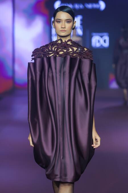 Pankaj & Nidhi_Purple Twill, Viscose Embroidery, Floral Embellished Midi Dress With Harness _Online_at_Aza_Fashions