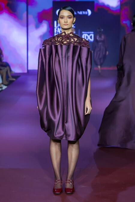 Buy_Pankaj & Nidhi_Purple Twill, Viscose Embroidery, Floral Embellished Midi Dress With Harness _Online_at_Aza_Fashions