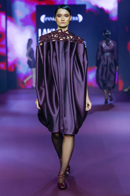 Shop_Pankaj & Nidhi_Purple Twill, Viscose Embroidery, Floral Embellished Midi Dress With Harness _Online_at_Aza_Fashions