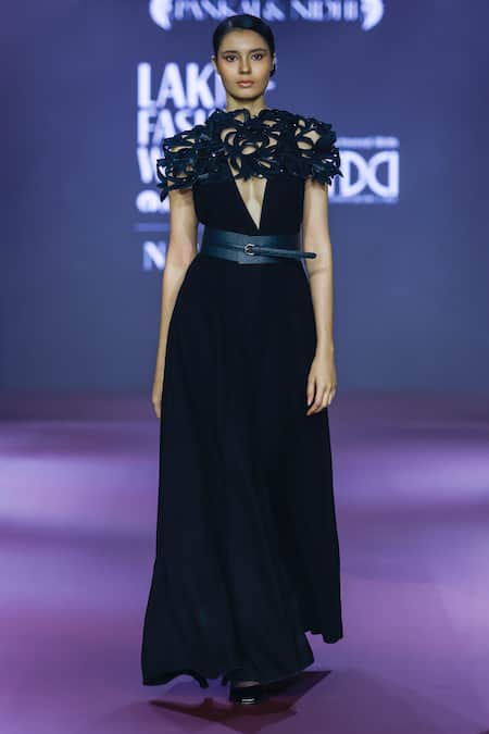 Pankaj & Nidhi Black Floral Cutwork Jumpsuit 