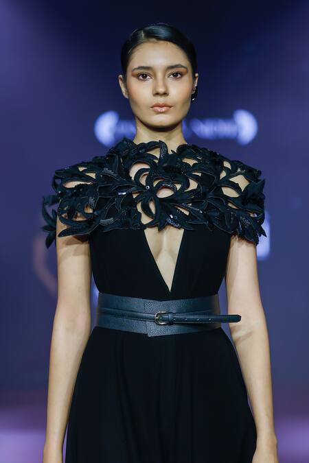 Pankaj & Nidhi_Black Viscose, Satin, Crepe Sequins, Cut Work Plunge Neck, Floral Jumpsuit _Online_at_Aza_Fashions