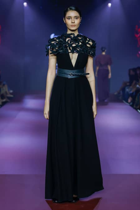 Buy_Pankaj & Nidhi_Black Viscose, Satin, Crepe Sequins, Cut Work Plunge Neck, Floral Jumpsuit _Online_at_Aza_Fashions