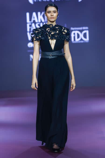 Pankaj & Nidhi Black Floral Cutwork Cape 