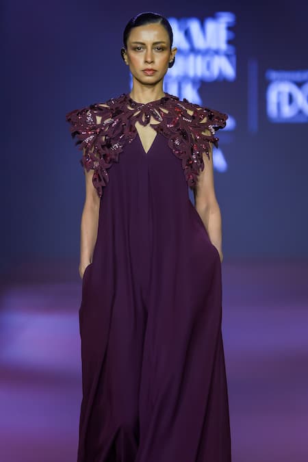 Pankaj & Nidhi_Purple Viscose Sequins Keyhole Neck Floral Cutwork Asymmetric Shoulder Cape _Online_at_Aza_Fashions