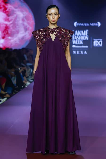 Shop_Pankaj & Nidhi_Purple Viscose, Satin Sequins Plunge Neck Floral Cutwork Yoke Jumpsuit _Online_at_Aza_Fashions